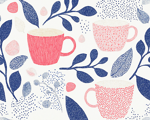 JPG 분홍색 백그라운드 잎 패턴 일러스트 사람없음 원형 커피잔 남색 손그림 국내일러스트 AI일러스트 AI콘텐츠 도형 식물 커피 컬러 무늬 잔 파일형식