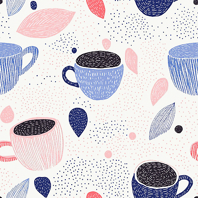 JPG 분홍색 백그라운드 잎 패턴 일러스트 사람없음 원형 커피잔 남색 손그림 국내일러스트 AI일러스트 AI콘텐츠 도형 식물 커피 컬러 무늬 잔 파일형식