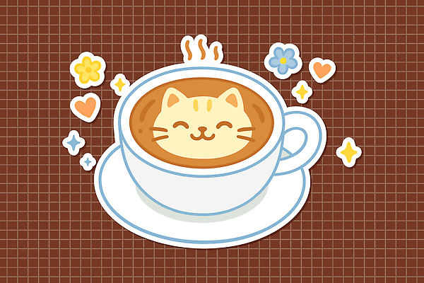 꽃 스티커 일러스트 사람없음 반짝임 갈색 고양이 하트 수증기 커피잔 컵받침 격자 라떼아트 엘리먼트 우유스팀기 국내일러스트 AI파일 모양 식물 커피 컬러 무늬 포유류 모션 잔 반려동물 받침대 그림 라떼 커피용품 파일형식 벡터