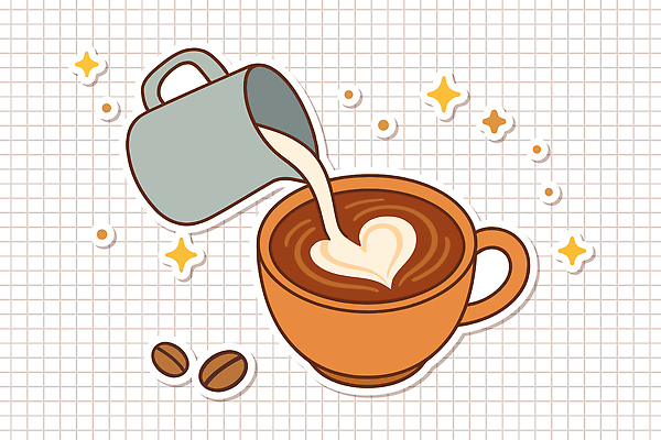 스티커 일러스트 사람없음 반짝임 갈색 원두 하트 붓기 커피잔 격자 라떼아트 엘리먼트 우유스팀기 국내일러스트 AI파일 모양 커피 컬러 무늬 모션 잔 그림 라떼 커피용품 파일형식 벡터