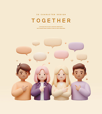 PSD 편집이미지 여자 남자 말풍선 함께함 미소 여러명 상반신 성인 반짝임 3D 가리킴 베이지색 성인만 편집3D 컬러 다수 컨셉 모션 표정 사람 손짓 디지털합성 파일형식