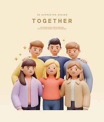 PSD 편집이미지 여자 남자 어깨동무 함께함 미소 여러명 성인 반짝임 3D 베이지색 성인만 편집3D 컬러 포즈 다수 컨셉 모션 표정 사람 디지털합성 파일형식