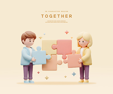 전신 PSD 편집이미지 여자 남자 어린이 함께함 미소 들기 소녀 소년 두명 반짝임 3D 퍼즐조각 베이지색 어린이만 편집3D 컬러 조각 컨셉 모션 표정 사람 퍼즐 디지털합성 파일형식