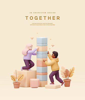 전신 PSD 식물 편집이미지 여자 남자 화분 함께함 성인 두명 반짝임 3D 잡기 베이지색 블록쌓기 성인만 편집3D 컬러 컨셉 모션 사람 쌓기 블록 디지털합성 파일형식