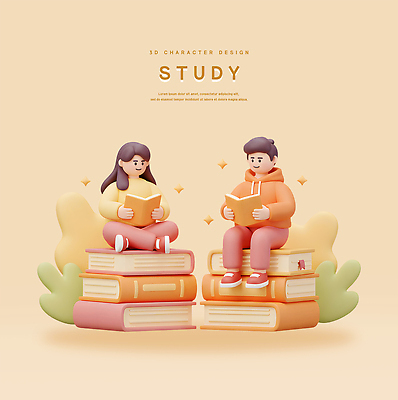 전신 PSD 편집이미지 여자 남자 잎 미소 들기 성인 두명 반짝임 학습 가부좌 베이지색 책더미 성인만 편집3D 식물 교육 컬러 모션 표정 사람 앉기 책 3D 무더기 파일형식