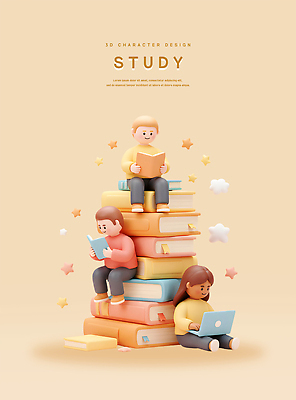 전신 PSD 편집이미지 여자 남자 별 어린이 미소 들기 앉기 소녀 소년 세명 노트북 학습 타이핑 베이지색 책더미 어린이만 편집3D 자연요소 교육 컬러 모션 표정 사람 책 전자제품 3D 무더기 파일형식