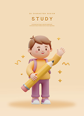전신 PSD 편집이미지 남자 어린이 책가방 한명 미소 들기 소년 반짝임 학습 연필 손인사 꽃가루 베이지색 소년한명만 편집3D 1 교육 컬러 가방 모션 학용품 표정 사람 필기구 3D 인사 가루 남자한명만 소년만 파일형식