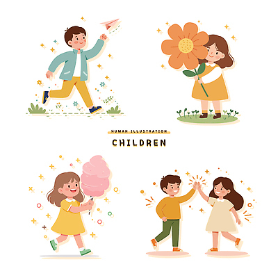 전신 여자 남자 꽃 행복 어린이 일러스트 미소 들기 소녀 소년 여러명 반짝임 달리기 기쁨 어린이날 종이비행기 하이파이브 솜사탕 어린이만 일러캐릭터 AI파일 식물 캐릭터 기념일 감정 다수 모션 디저트 표정 사람 손짓 종이접기 파일형식 벡터