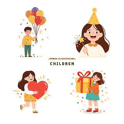 전신 여자 남자 행복 어린이 일러스트 미소 들기 소녀 소년 여러명 상반신 선물상자 반짝임 걷기 기쁨 고깔모자 하트 잡기 어린이날 꽃가루 풍선 별막대기 어린이만 일러캐릭터 AI파일 모양 캐릭터 모자_잡화 기념일 감정 다수 모션 표정 선물 사람 상자 막대기 가루 파일형식 벡터