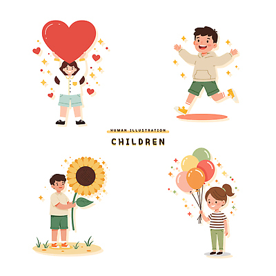 전신 여자 남자 행복 어린이 일러스트 해바라기 미소 들기 소녀 소년 여러명 반짝임 달리기 기쁨 하트 잡기 어린이날 풍선 어린이만 일러캐릭터 AI파일 모양 캐릭터 기념일 꽃 감정 다수 모션 표정 사람 파일형식 벡터