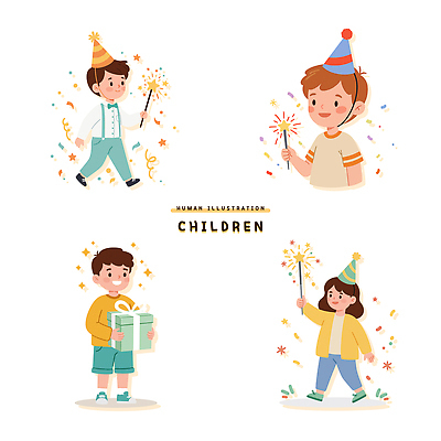 전신 여자 남자 행복 어린이 일러스트 미소 들기 소녀 소년 여러명 상반신 선물상자 빛 반짝임 걷기 기쁨 고깔모자 어린이날 꽃가루 별막대기 어린이만 일러캐릭터 AI파일 캐릭터 모자_잡화 기념일 감정 다수 모션 표정 선물 사람 상자 막대기 가루 파일형식 벡터