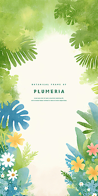 PSD 백그라운드 일러스트 수채화 사람없음 연두색 풀잎 플루메리아 트로피컬아트 연노랑색 국내일러스트 꽃 잎 초록색 노란색 풀_식물 그림 파일형식