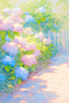 JPG 일러스트 여름꽃 자연 수채화 그림자 사람없음 울타리 햇빛 여름풍경 풀잎 수국 국내일러스트 AI일러스트 AI콘텐츠 꽃 잎 풍경 담장 태양 풀_식물 생태계 파일형식 여름_계절