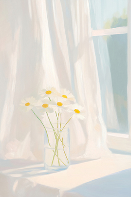 JPG 일러스트 창문 그림자 사람없음 햇빛 꽃병 커튼 데이지 유화 국내일러스트 AI일러스트 AI콘텐츠 꽃 미술 태양 파일형식