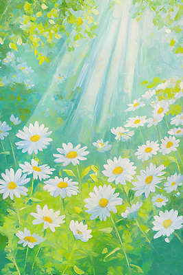 JPG 일러스트 자연 풍경 사람없음 햇빛 풀잎 데이지 유화 국내일러스트 AI일러스트 AI콘텐츠 꽃 잎 미술 태양 풀_식물 생태계 파일형식