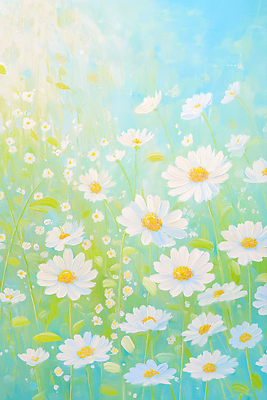 JPG 일러스트 자연 풍경 사람없음 햇빛 풀잎 데이지 유화 국내일러스트 AI일러스트 AI콘텐츠 꽃 잎 미술 태양 풀_식물 생태계 파일형식