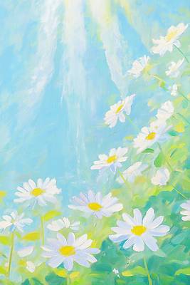 JPG 일러스트 자연 풍경 사람없음 햇빛 풀잎 데이지 유화 국내일러스트 AI일러스트 AI콘텐츠 꽃 잎 미술 태양 풀_식물 생태계 파일형식