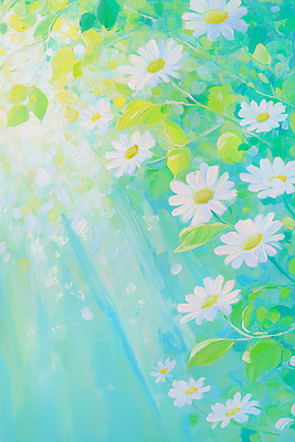 JPG 일러스트 자연 풍경 사람없음 햇빛 풀잎 데이지 유화 국내일러스트 AI일러스트 AI콘텐츠 꽃 잎 미술 태양 풀_식물 생태계 파일형식