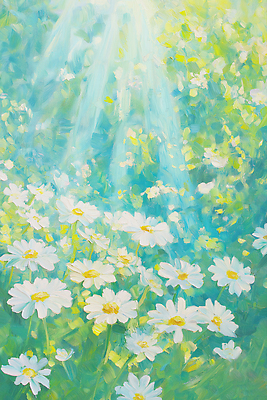 JPG 일러스트 자연 풍경 사람없음 햇빛 풀잎 데이지 유화 국내일러스트 AI일러스트 AI콘텐츠 꽃 잎 미술 태양 풀_식물 생태계 파일형식