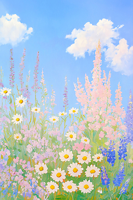 JPG 구름 일러스트 자연 하늘 풍경 사람없음 햇빛 풀잎 데이지 라벤더 유화 국내일러스트 AI일러스트 AI콘텐츠 자연요소 꽃 잎 미술 태양 풀_식물 허브 생태계 파일형식