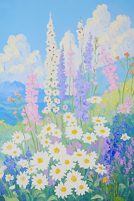 JPG 구름 일러스트 자연 하늘 풍경 사람없음 햇빛 풀잎 데이지 라벤더 유화 국내일러스트 AI일러스트 AI콘텐츠 자연요소 꽃 잎 미술 태양 풀_식물 허브 생태계 파일형식