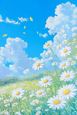 JPG 구름 일러스트 자연 하늘 풍경 사람없음 햇빛 풀잎 데이지 유화 국내일러스트 AI일러스트 AI콘텐츠 자연요소 꽃 잎 미술 태양 풀_식물 생태계 파일형식