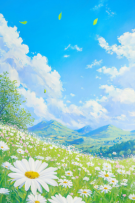 JPG 나무 구름 일러스트 자연 하늘 산 풍경 사람없음 햇빛 풀잎 데이지 유화 국내일러스트 AI일러스트 AI콘텐츠 자연요소 식물 꽃 잎 미술 태양 풀_식물 생태계 파일형식