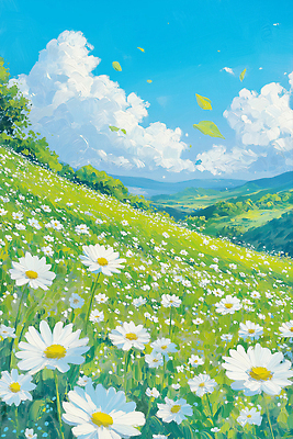 JPG 나무 구름 일러스트 자연 하늘 산 풍경 사람없음 햇빛 풀잎 데이지 유화 국내일러스트 AI일러스트 AI콘텐츠 자연요소 식물 꽃 잎 미술 태양 풀_식물 생태계 파일형식