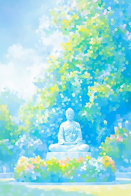 JPG 나무 구름 불교 일러스트 자연 하늘 사람없음 부처님오신날 풀잎 가부좌 부처님상 국내일러스트 AI일러스트 AI콘텐츠 자연요소 식물 기념일 종교 잎 앉기 풀_식물 불상 생태계 부처 파일형식