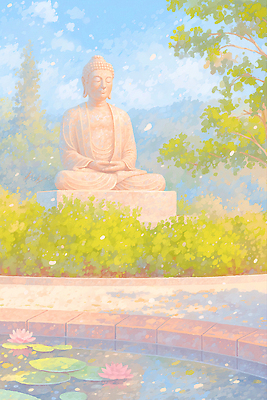 JPG 나무 구름 불교 일러스트 자연 하늘 연꽃 사람없음 부처님오신날 연못 연잎 가부좌 부처님상 국내일러스트 AI일러스트 AI콘텐츠 자연요소 식물 기념일 꽃 종교 잎 앉기 불상 생태계 부처 파일형식