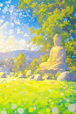 JPG 나무 구름 불교 일러스트 자연 하늘 산 잔디 사람없음 부처님오신날 돌_바위 가부좌 부처님상 국내일러스트 AI일러스트 AI콘텐츠 자연요소 식물 기념일 종교 앉기 불상 생태계 부처 파일형식