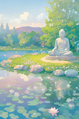 JPG 나무 구름 호수 불교 일러스트 자연 하늘 연꽃 잔디 사람없음 부처님오신날 돌_바위 연잎 가부좌 부처님상 국내일러스트 AI일러스트 AI콘텐츠 자연요소 식물 기념일 꽃 종교 잎 앉기 불상 생태계 부처 파일형식