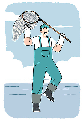 전신 PSD 구름 모자 남자 바다 장갑 일러스트 하늘 작업복 어업 장화 한명 미소 들기 성인 파란색 손들기 뜰채 어부 다리들기 성인남자한명만 소상공인 수산인의날 국내일러스트 자연요소 직업 1 잡화 옷 산업 컬러 신발 모션 표정 사람 경제 낚시용품 상인 남자한명만 성인남자만 파일형식 법정기념일