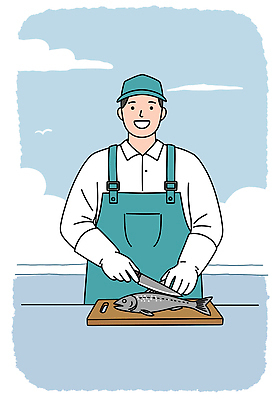 PSD 구름 모자 남자 바다 장갑 일러스트 하늘 도마 작업복 어류 어업 한명 미소 들기 상반신 성인 파란색 칼 어부 손질 칼질 성인남자한명만 소상공인 수산인의날 국내일러스트 자연요소 직업 1 잡화 옷 산업 컬러 모션 주방용품 표정 사람 경제 수중동물 상인 남자한명만 성인남자만 파일형식 법정기념일