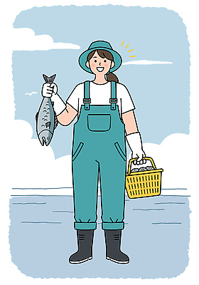 전신 PSD 구름 모자 여자 바다 장갑 일러스트 하늘 작업복 어류 어업 장화 한명 미소 들기 성인 파란색 바구니 어부 성인여자한명만 소상공인 수산인의날 국내일러스트 자연요소 직업 1 잡화 옷 산업 컬러 신발 모션 표정 사람 경제 수중동물 상인 여자한명만 성인여자만 파일형식 법정기념일