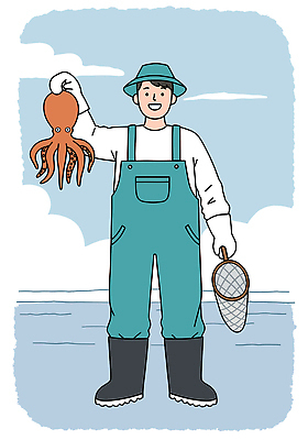 전신 PSD 구름 모자 남자 바다 일러스트 하늘 작업복 어업 장화 한명 미소 들기 성인 파란색 뜰채 어부 문어 성인남자한명만 소상공인 수산인의날 국내일러스트 자연요소 직업 1 잡화 옷 산업 컬러 신발 모션 연체동물 표정 사람 경제 수중동물 낚시용품 상인 남자한명만 성인남자만 파일형식 법정기념일