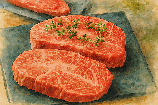 JPG 접시 일러스트 식탁 수채화 사람없음 소고기 로즈메리 등심 국내일러스트 AI일러스트 AI콘텐츠 식기 탁자 육류 허브 파일형식