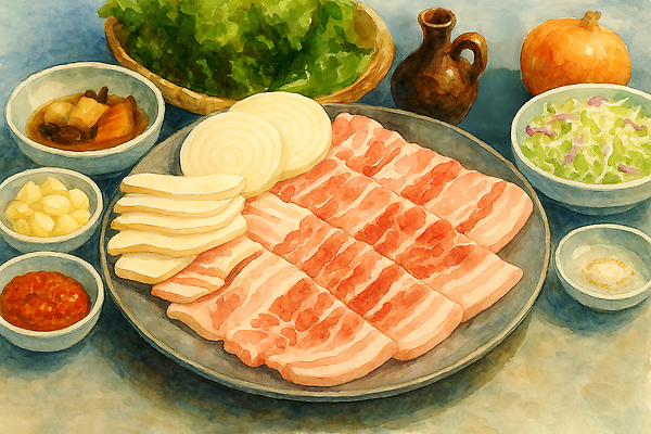 JPG 접시 일러스트 식탁 양파 수채화 마늘 돼지고기 사람없음 버섯 도자기 상추 삼겹살 쌈장 국내일러스트 AI일러스트 AI콘텐츠 식기 채소 탁자 육류 양념 파일형식