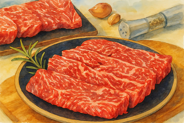 JPG 접시 일러스트 식탁 수채화 사람없음 소고기 후추 로즈메리 후추통 국내일러스트 AI일러스트 AI콘텐츠 식기 탁자 육류 허브 향신료 양념통 파일형식