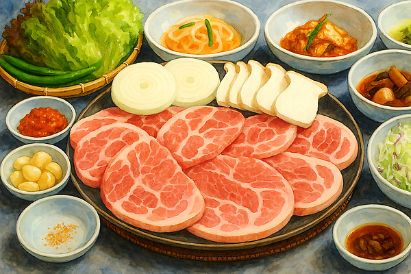 JPG 접시 일러스트 고추 식탁 양파 김치 수채화 마늘 돼지고기 사람없음 버섯 샐러드 상추 소금 쌈장 국내일러스트 AI일러스트 AI콘텐츠 식기 한식 음식 채소 탁자 육류 양념 파일형식