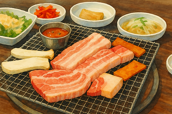 JPG 접시 일러스트 식탁 수채화 사람없음 버섯 양념 그릴 삼겹살 스팸 오겹살 국내일러스트 AI일러스트 AI콘텐츠 식기 탁자 주방용품 육류 돼지고기 파일형식