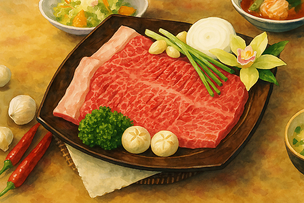 JPG 접시 일러스트 식탁 양파 수채화 마늘 사람없음 버섯 샐러드 홍고추 갈비 쪽파 테이블매트 LA갈비 국내일러스트 AI일러스트 AI콘텐츠 식기 음식 채소 고추 탁자 육류 소고기 식탁보 파 파일형식