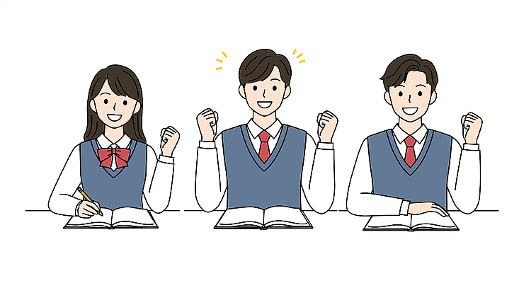 PSD 학생 여자 남자 교복 일러스트 청소년 미소 상반신 책 세명 학습 연필 손들기 파이팅 주먹 펼침 잡기 십대만 국내일러스트 옷 교육 모션 학용품 표정 사람 필기구 파일형식