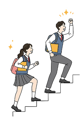 전신 PSD 학생 여자 남자 교복 일러스트 청소년 책가방 미소 들기 두명 책 반짝임 손들기 계단 주먹 오르기 십대만 국내일러스트 옷 가방 모션 표정 사람 파일형식
