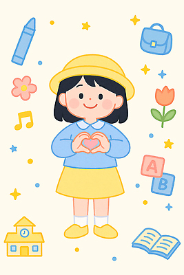 전신 PSD 알파벳 여자 어린이 가방 음표 일러스트 한명 미소 소녀 책 반짝임 유치원 유치원생 튤립 하트 크레파스 유치원복 손하트 유치원모자 소녀한명만 연노랑색 국내일러스트 모양 모자_잡화 1 기호 영어 잡화 옷 교육 꽃 음악 모션 학용품 표정 사람 손짓 노란색 여자한명만 소녀만 파일형식