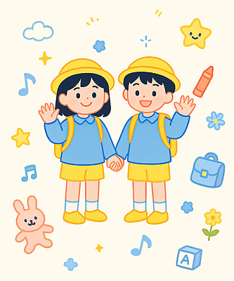 전신 PSD 구름 여자 남자 꽃 별 어린이 가방 일러스트 미소 소녀 소년 두명 반짝임 손잡기 블록 유치원생 크레파스 손인사 A 유치원복 매기 토끼인형 유치원모자 어린이만 연노랑색 국내일러스트 자연요소 식물 모자_잡화 알파벳 잡화 옷 인형 모션 학용품 표정 사람 노란색 토끼 인사 파일형식