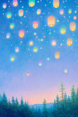 JPG 나무 불교 일러스트 하늘 산 풍경 사람없음 파란색 빛 희망 부처님오신날 기도 연등 연등행사 국내일러스트 AI일러스트 AI콘텐츠 식물 기념일 감정 종교 컬러 이벤트 등불 불교용품 파일형식