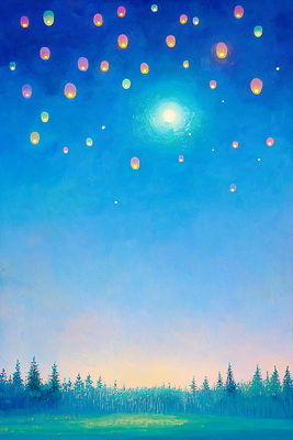 JPG 나무 불교 일러스트 하늘 풍경 사람없음 파란색 빛 희망 부처님오신날 기도 숲속 달빛 연등 연등행사 국내일러스트 AI일러스트 AI콘텐츠 식물 기념일 감정 종교 컬러 이벤트 달 등불 숲 불교용품 파일형식