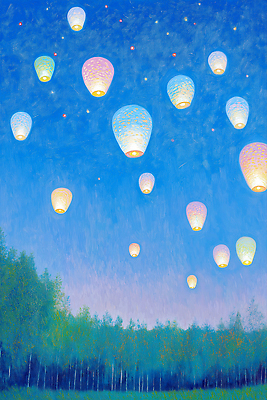 JPG 나무 불교 일러스트 하늘 풍경 사람없음 파란색 빛 희망 부처님오신날 기도 숲속 연등 연등행사 국내일러스트 AI일러스트 AI콘텐츠 식물 기념일 감정 종교 컬러 이벤트 등불 숲 불교용품 파일형식