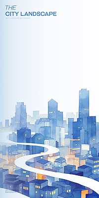 PSD 길 일러스트 사람없음 건물 파란색 빛 도시풍경 고층빌딩 도심 국내일러스트 건축물 컬러 풍경 빌딩 도시 파일형식